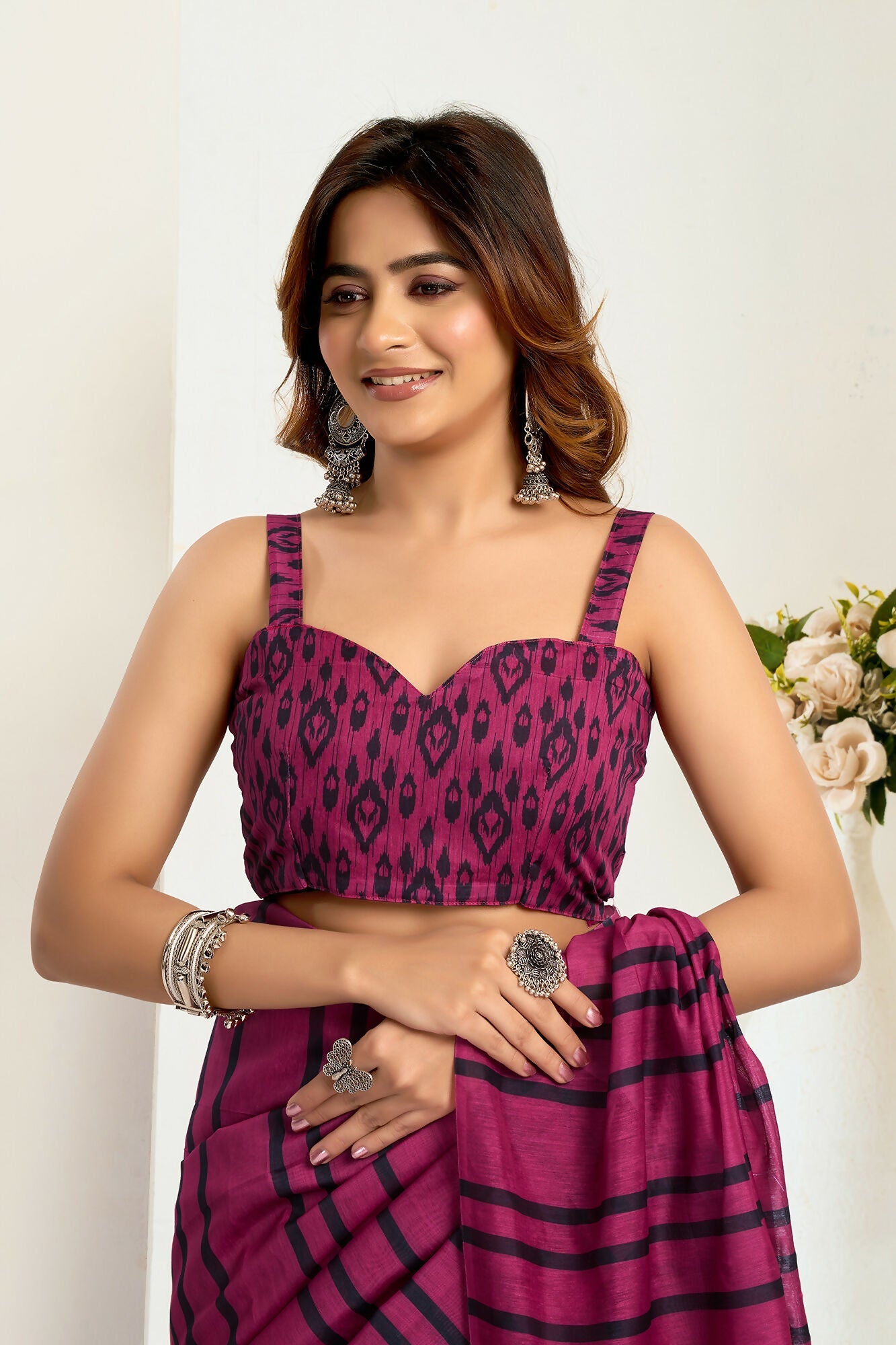 Vastranavya Magenta Digital Printed Linen Ready To Wear Designer Saree with Unstitched Blouse | Grocsy
