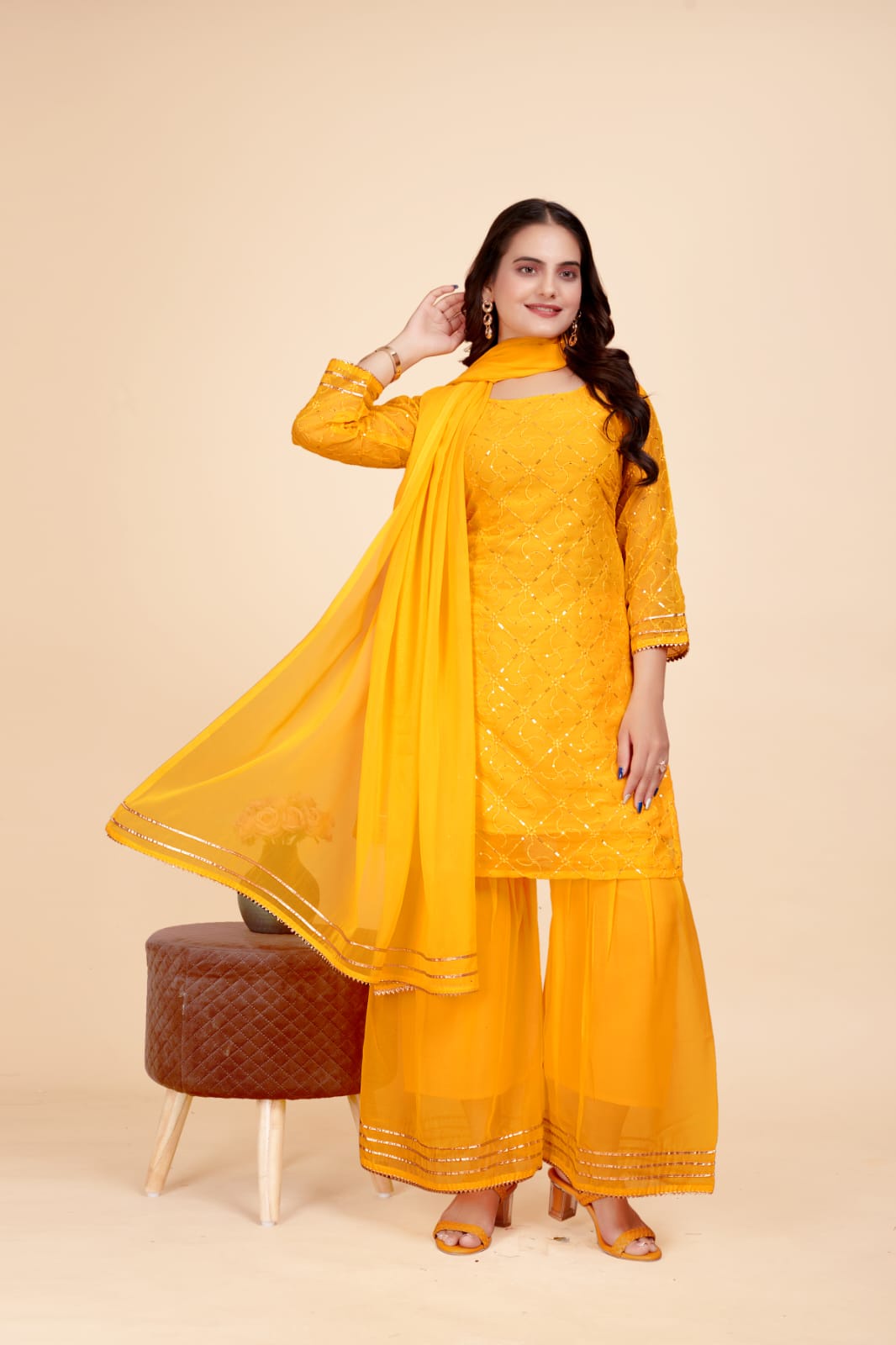 Women's A-Line Yellow Kurta and Sharara With Dupatta Set - A2M | Grocsy