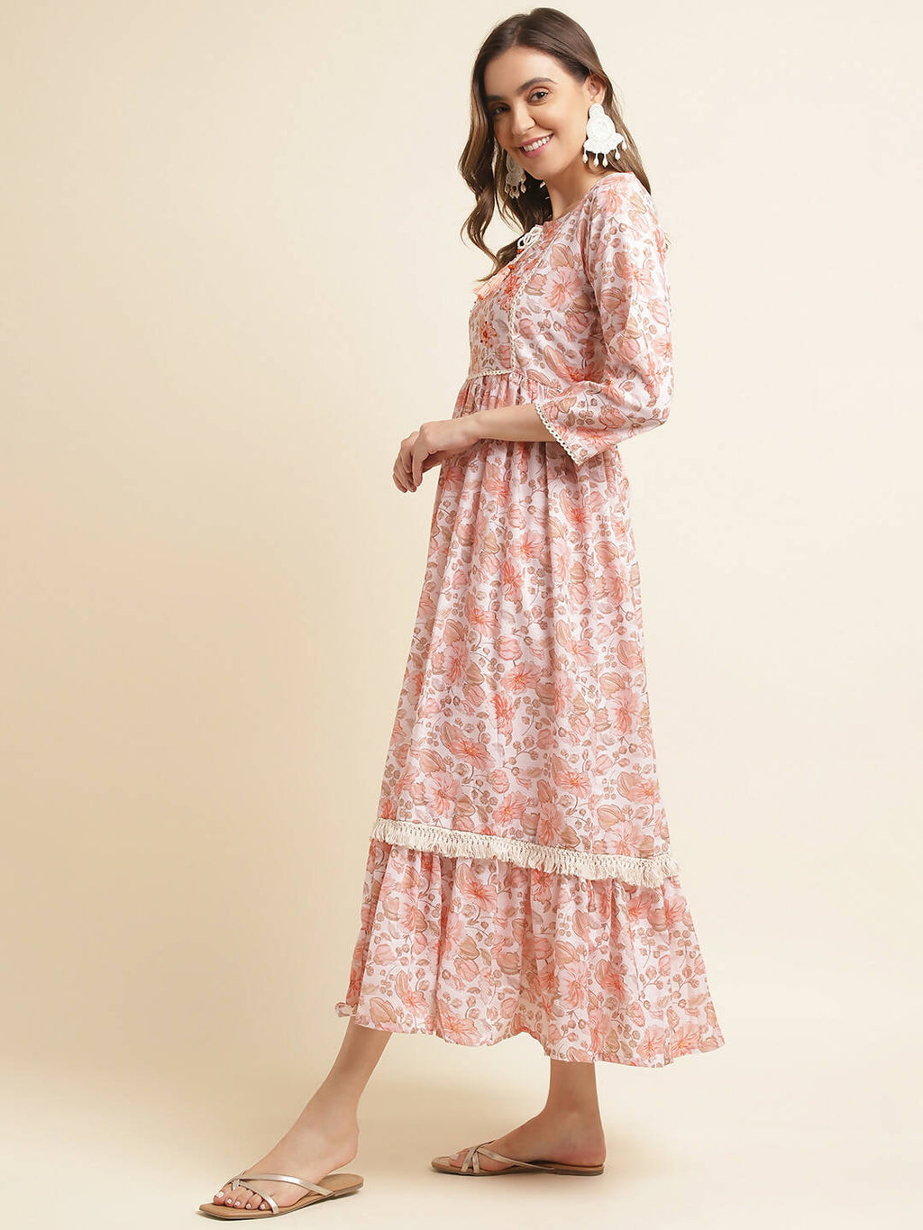 Orange Linen Floral Printed Fit & Flare Dress - Yukti | Grocsy