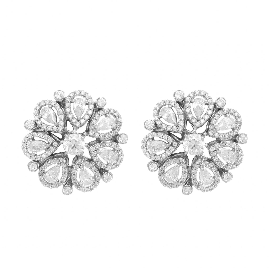 Nuyug Rhodium-Plated Zircon Studded Floral Statement Stud Earrings | Grocsy