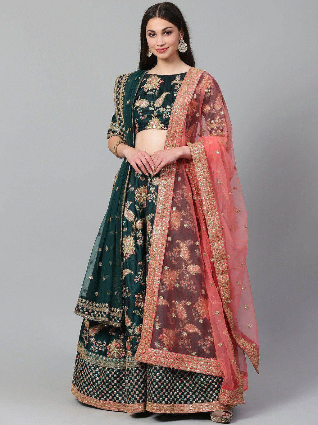 Tulsi Art Green Semi-Stitched Myntra Lehenga & Unstitched Blouse With 2 Dupattas | Grocsy