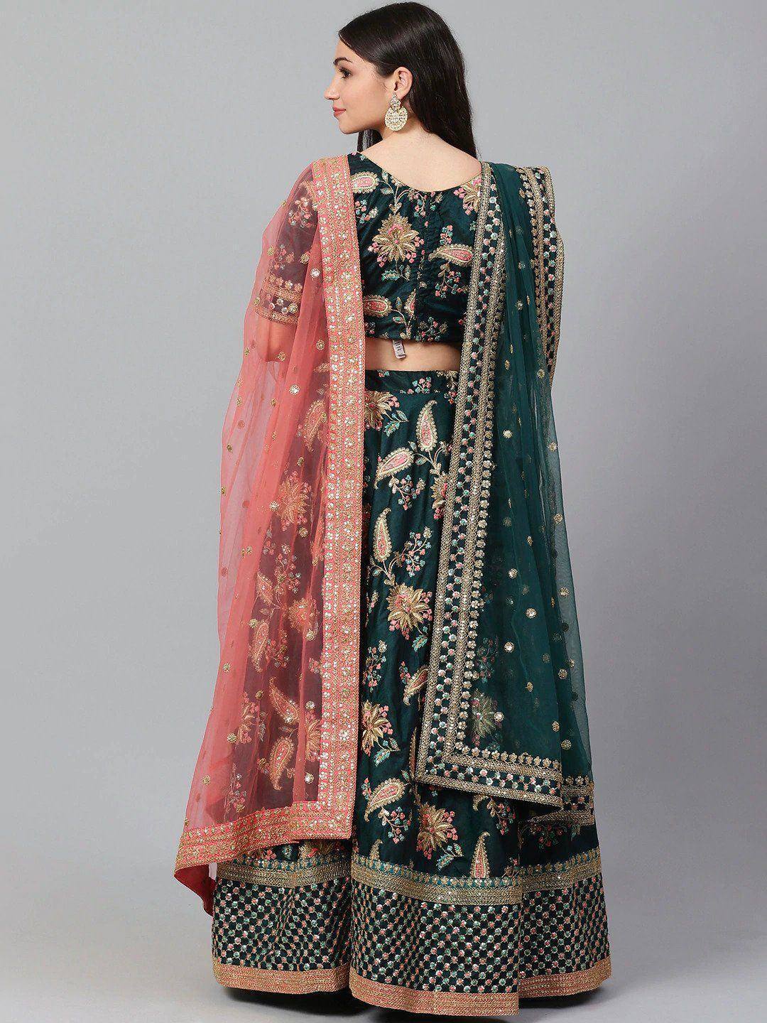 Tulsi Art Green Semi-Stitched Myntra Lehenga & Unstitched Blouse With 2 Dupattas | Grocsy