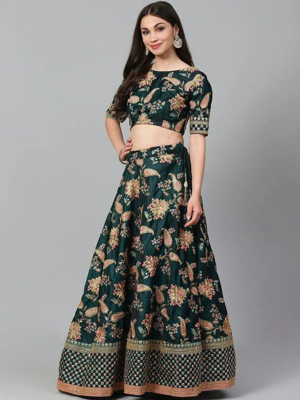 Tulsi Art Green Semi-Stitched Myntra Lehenga & Unstitched Blouse With 2 Dupattas | Grocsy