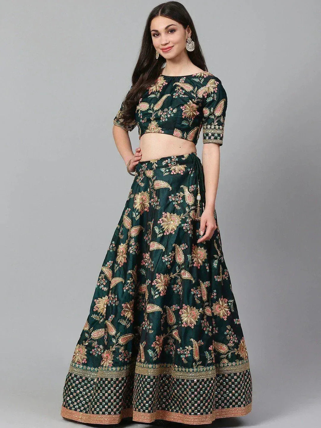 Tulsi Art Green Semi-Stitched Myntra Lehenga & Unstitched Blouse With 2 Dupattas | Grocsy