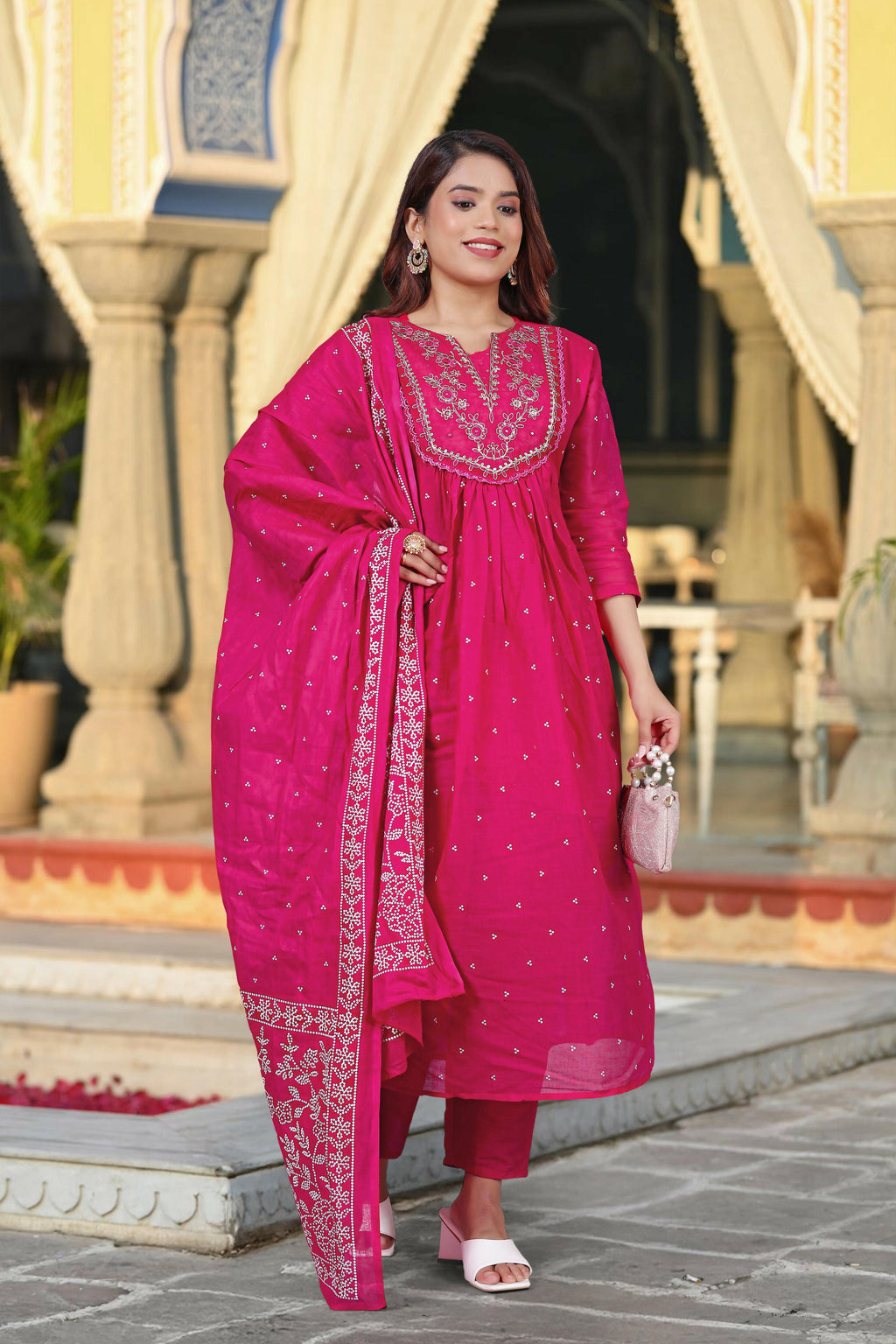 The52 Women's Beautiful Cotton Fabric Embroidery Work Straight Kurta Pant and Dupatta Set | Grocsy