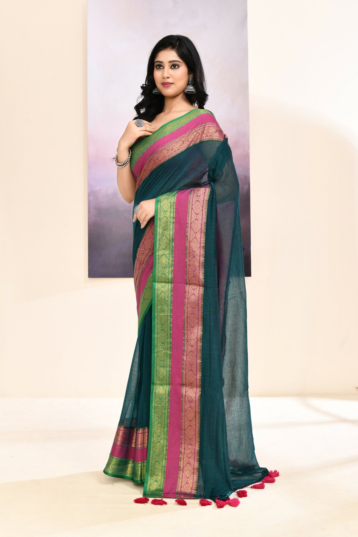 Piyari Fashion Women's Teal Embellished Zari Border Cotton Saree | Grocsy