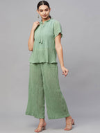 Myshka Women Green Chiffon Round Neck Top Palazzo Set | Grocsy