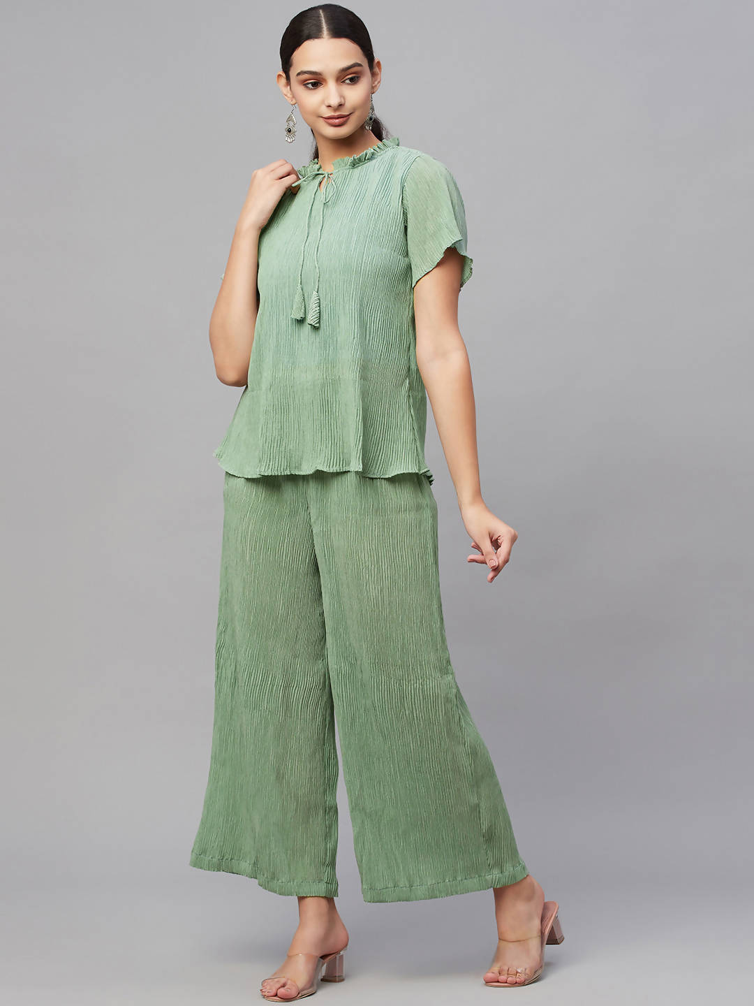 Myshka Women Green Chiffon Round Neck Top Palazzo Set | Grocsy