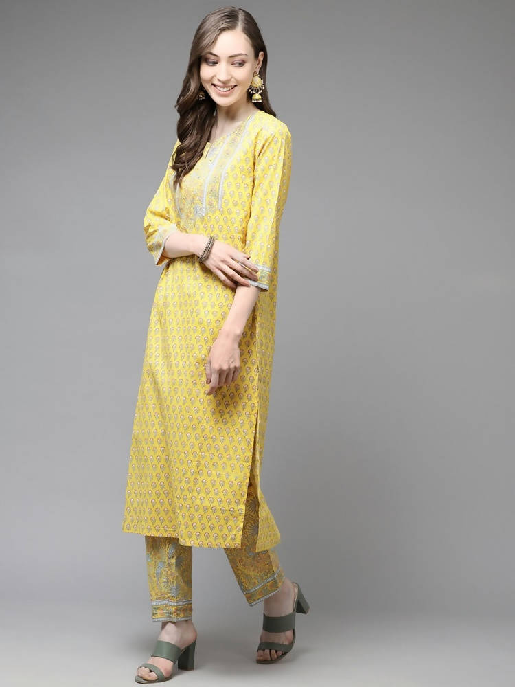 Yufta Yellow and Blue printed kurta with Trouser and Dupatta | Grocsy