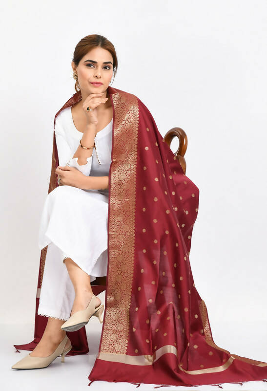 Mominos Fashion Moeza Women's Banarsi Silk Woven Design Maroon Dupatta | Grocsy
