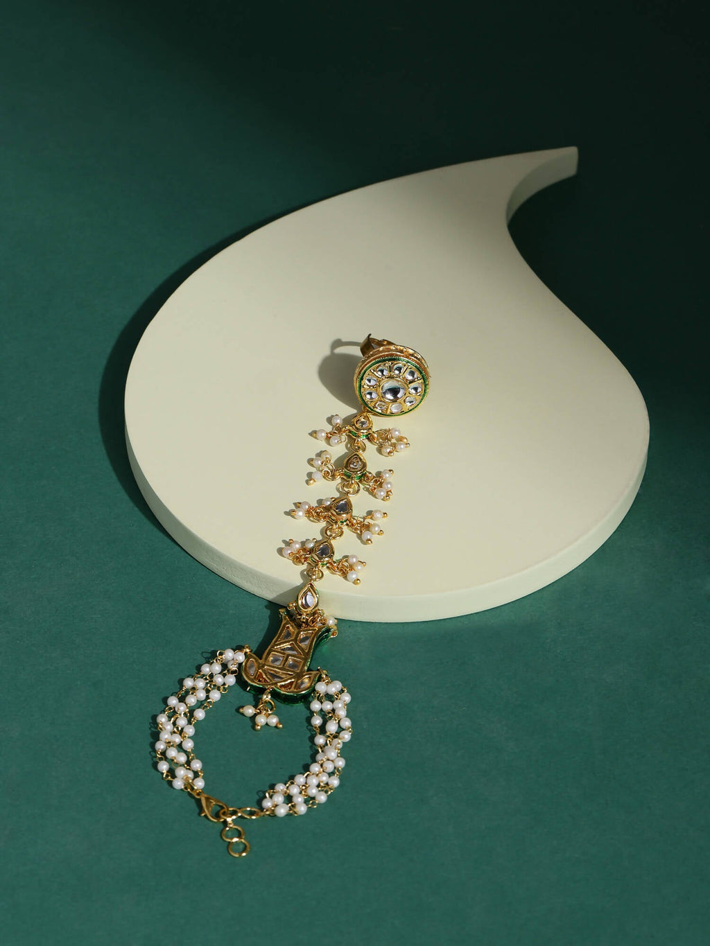 Women's Gold-Toned White Brass Kundan Gold-Polished Link Bracelet - Ruby Raang | Grocsy
