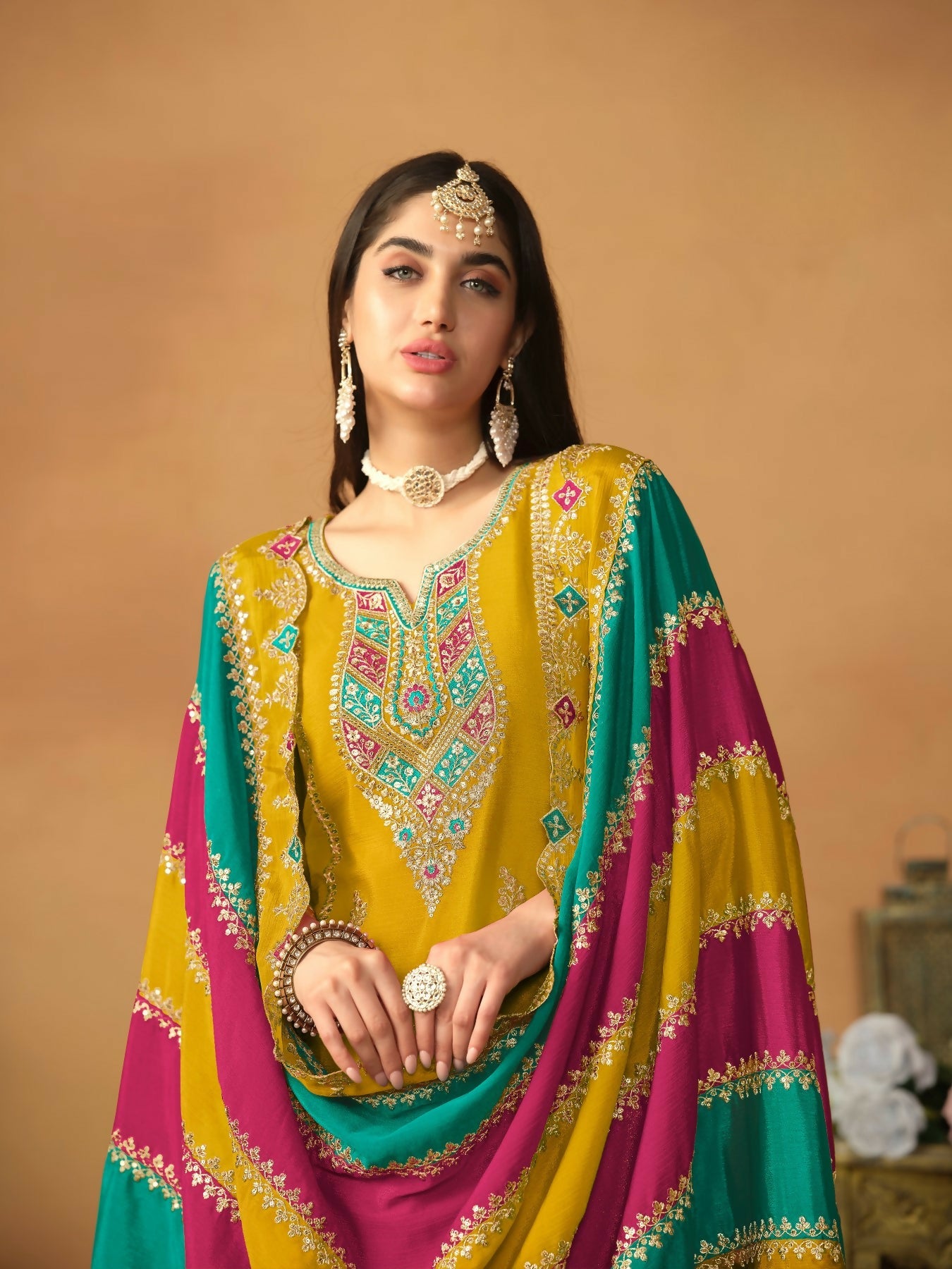 Anaita Mustard Embroidered Soft Organza Salwar Suit | Grocsy