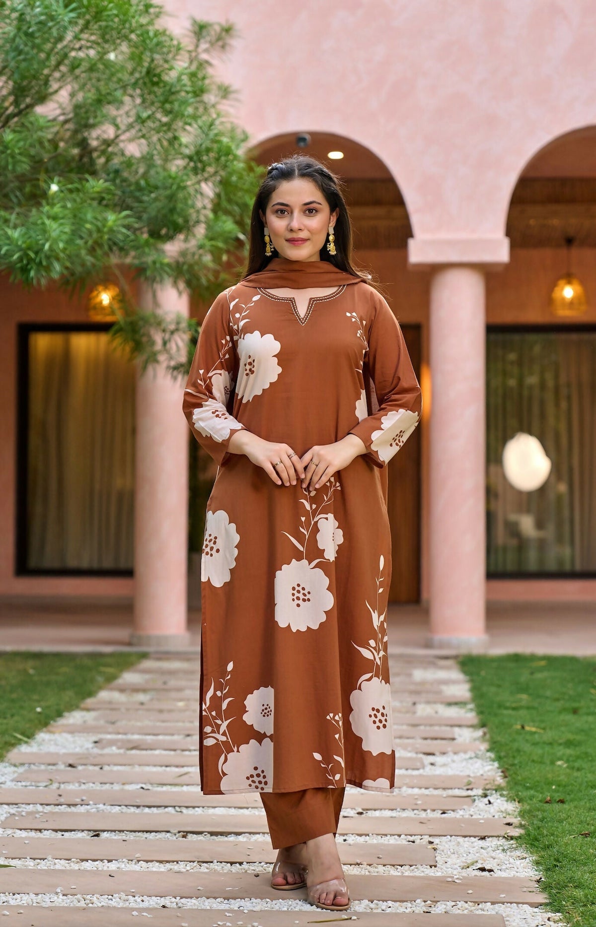 The52 Women's Gorgeous Printed Work Muslin Fabric Straight Kurta Pant and Dupatta Set-Brown | Grocsy