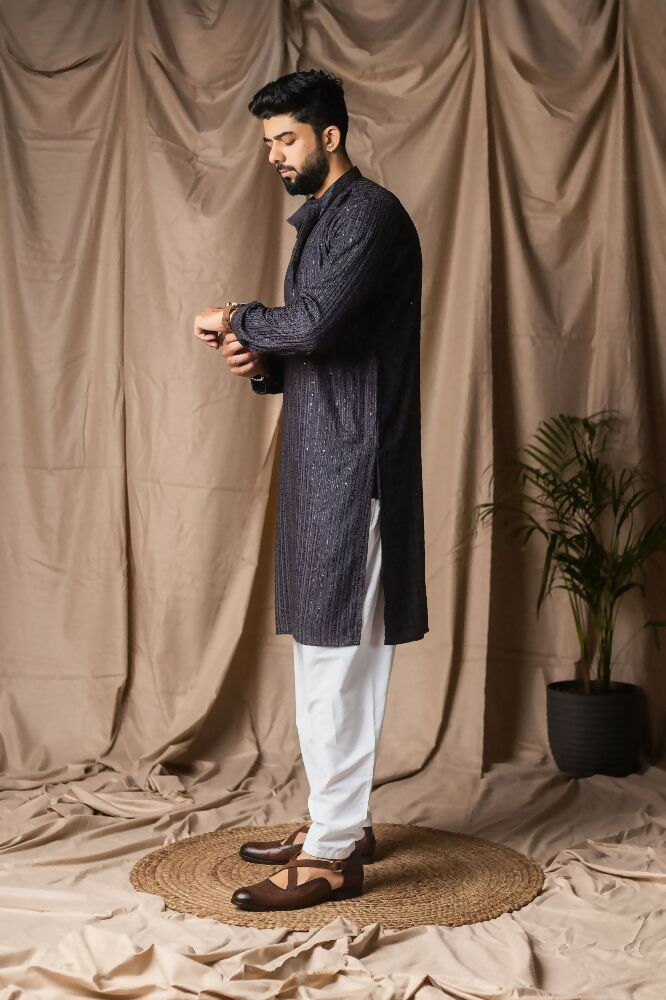 Dark Grey Rayon Thread Embroidery Work Kurta Set - Mahotsav | Grocsy