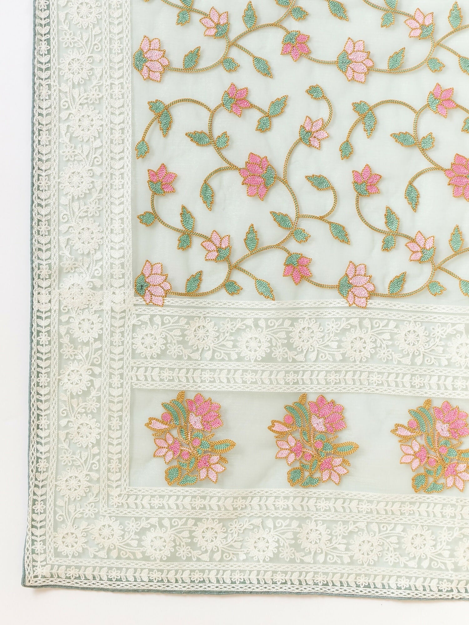 Green Organza Floral Embroidered Saree with Unstitched Blouse Piece - Roozal | Grocsy