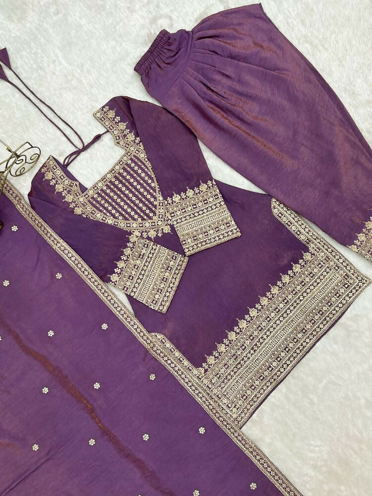 Teeya Creation Mauve Purple Afghani Salwar Suit Set With Elegant Zari Border | Grocsy