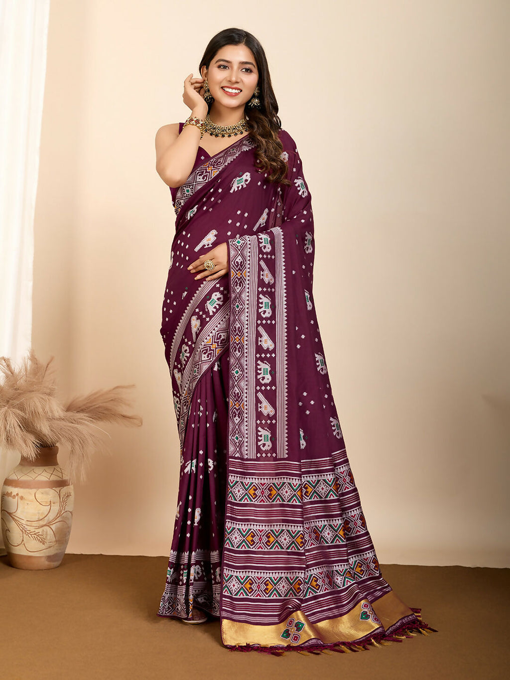 Wine Soft Silk Woven Meenakari Designer Saree - Vedanti | Grocsy