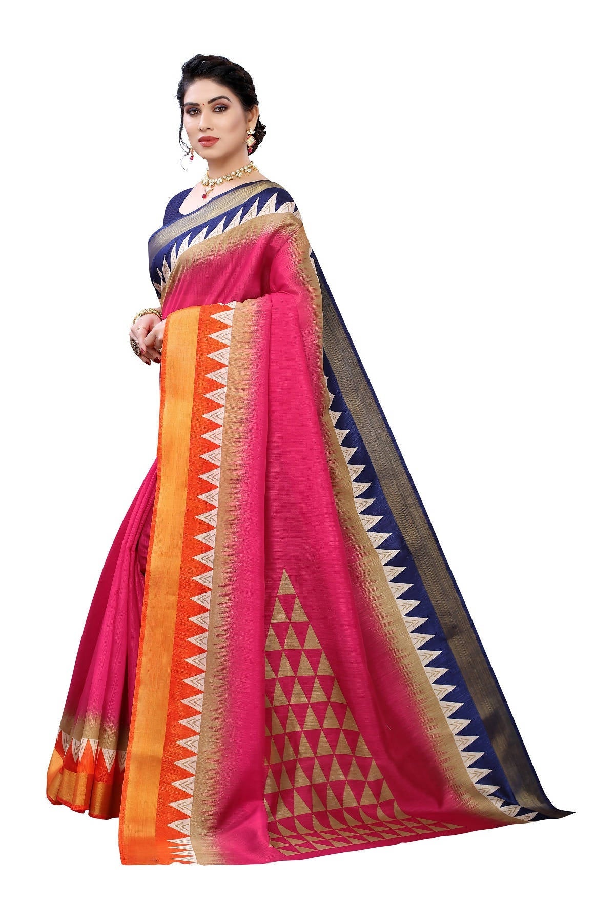 Vamika Pink & Blue Linen Jari Border Saree (GUNJAN PINK) | Grocsy