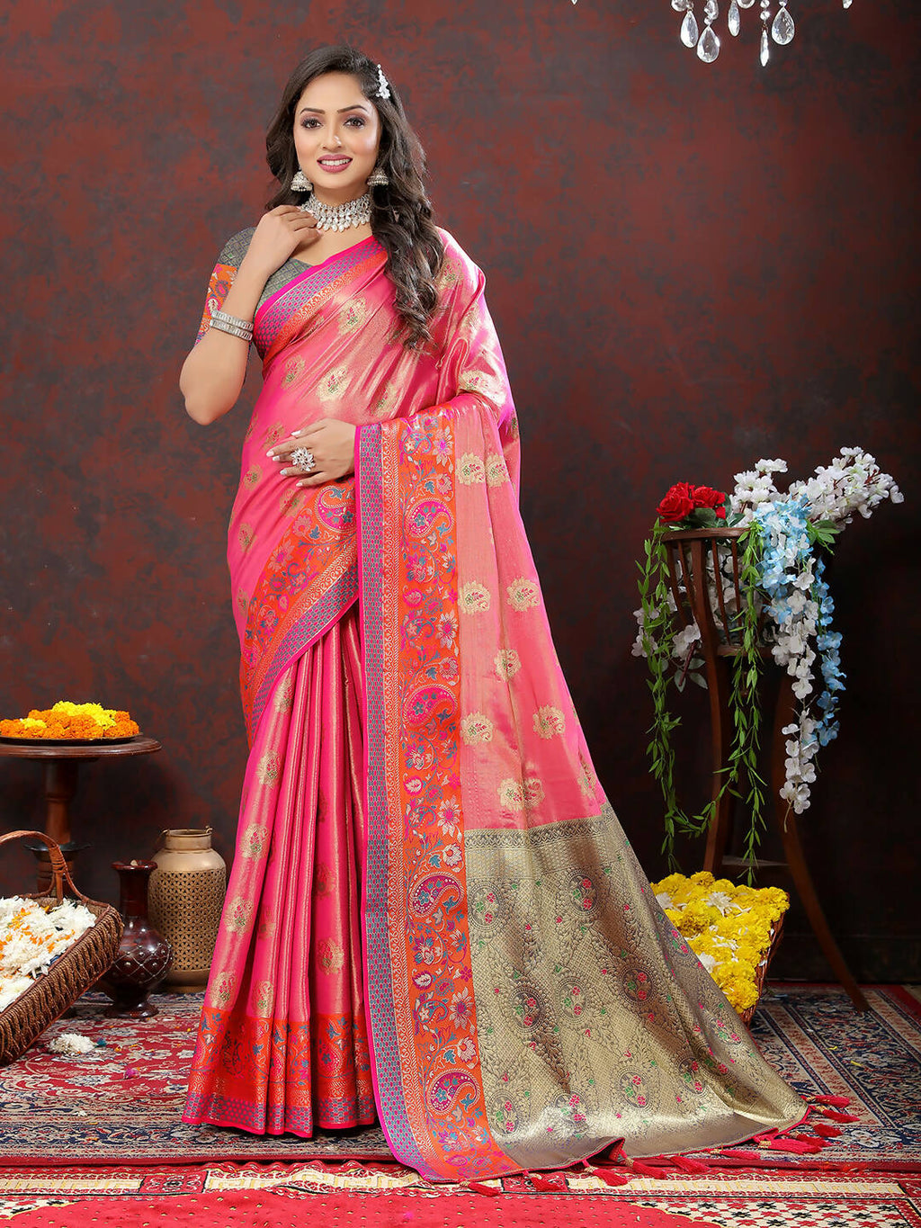Lorenvalley Fashion Pink Kanjivaram Silk Woven Design with Zari Weaving Saree | Grocsy