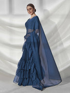 Teal Organza Solid Saree With Unstitched Blouse Piece - Shanaya | Grocsy