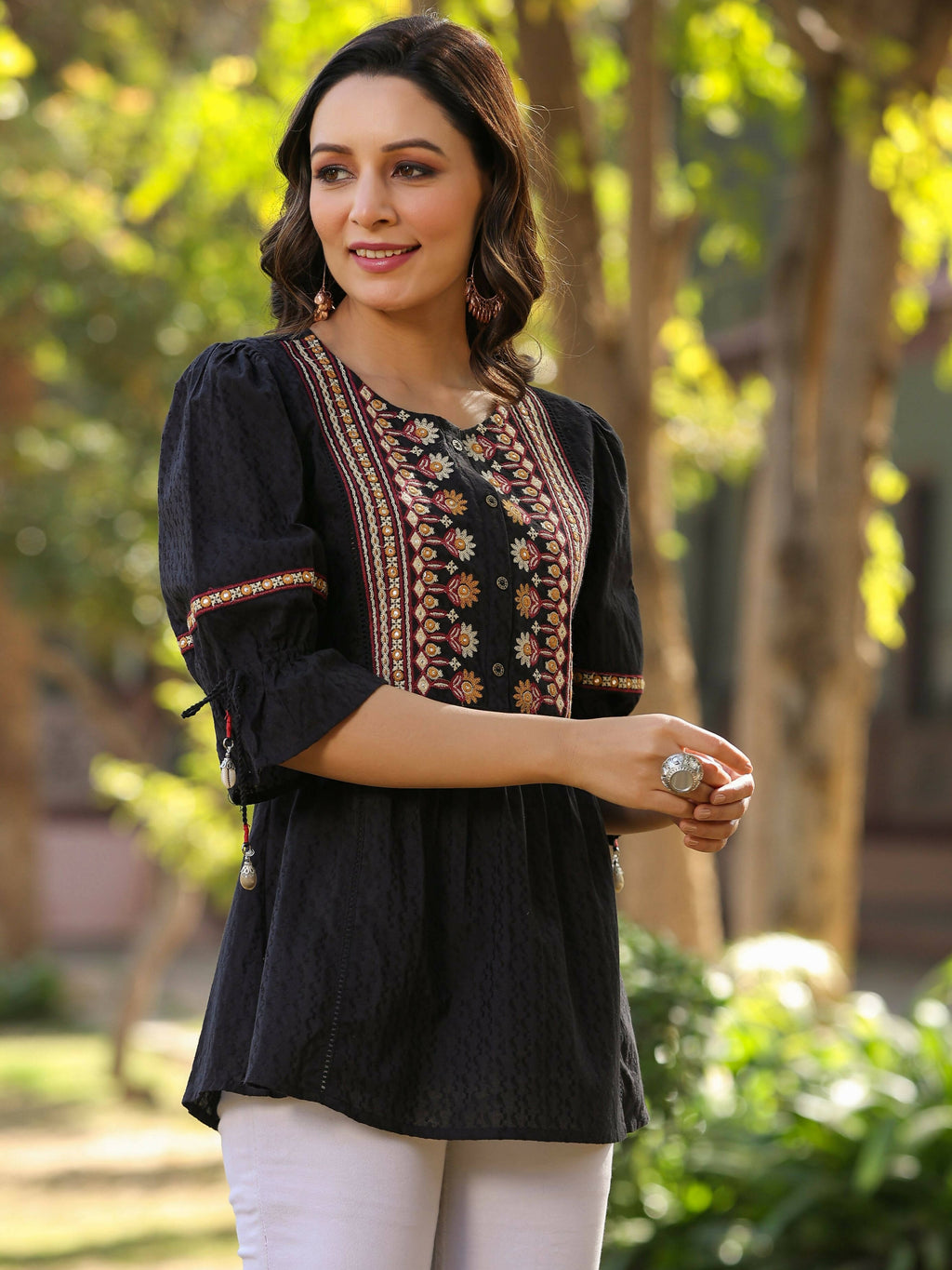 Juniper Women's Black Cotton Solid With Embroidered Straight Tunic | Grocsy