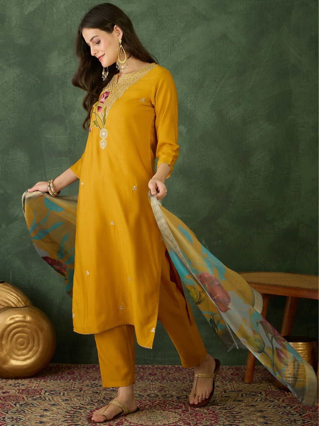The52 Mustard Women's Beautiful Rayon Fabric Embroidered Work Straight Kurta, Pant and Dupatta Set | Grocsy