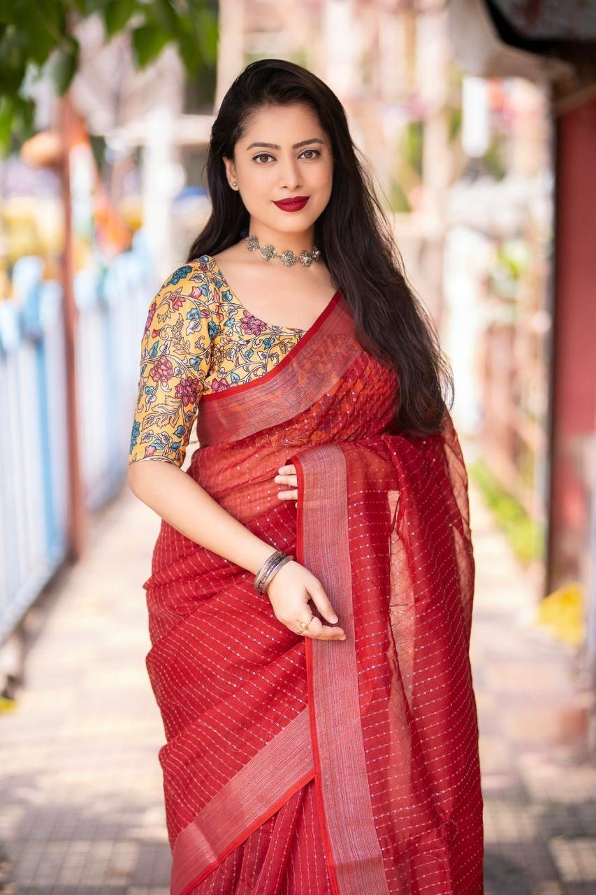 Red Linen Sequence Saree with Unstitched Blouse - Hiral Fashion | Grocsy