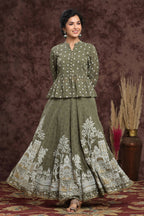 Juniper Women Olive Georgette Printed Flared Lehenga Choli Sets | Grocsy