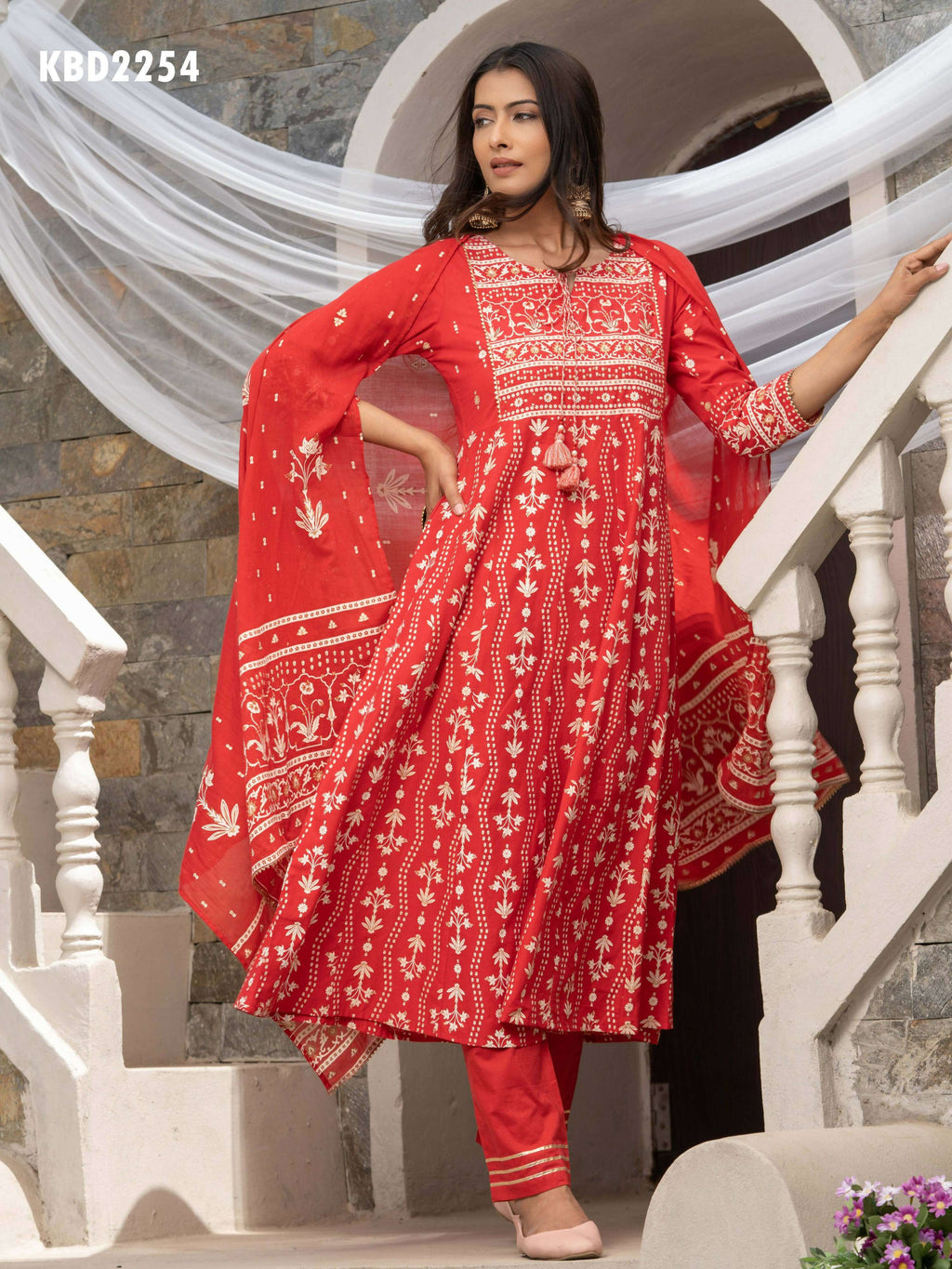 Red Cotton Cambric Printed with Sequins work Anarkali Kurta with Pant & Dupatta - Akashara | Grocsy