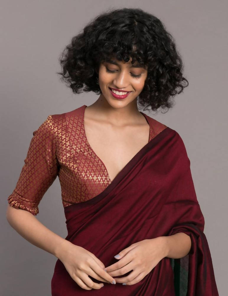 Suta Maroon Green Colourblocked Cotton Blend Saree | Grocsy