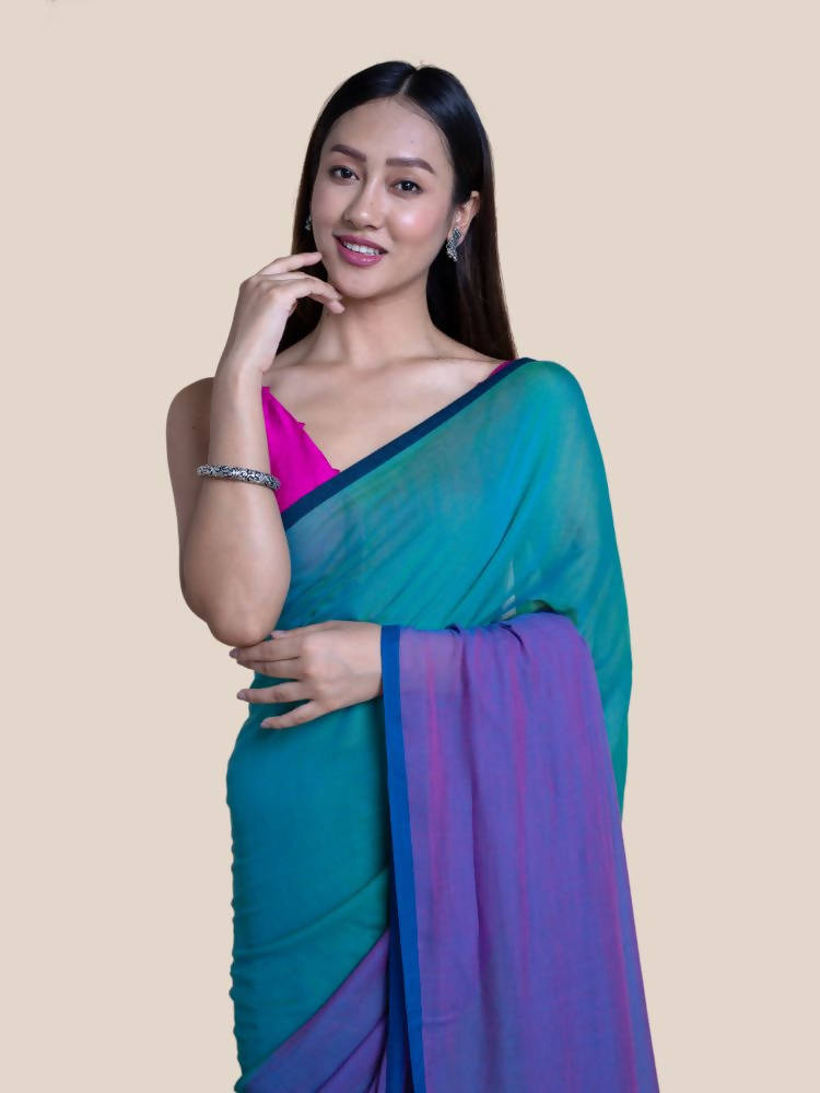 Suta Purple Green Colourblocked Mul Saree | Grocsy