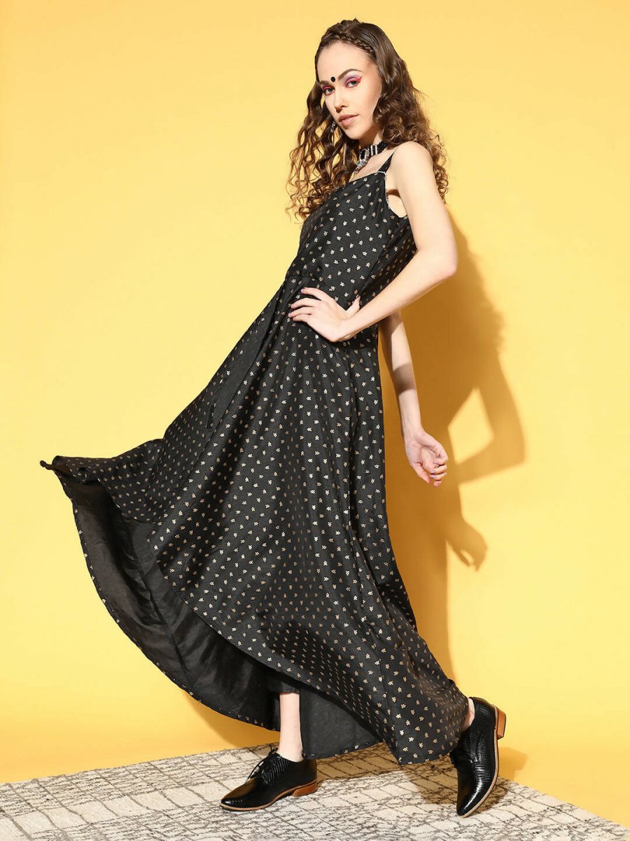 Ahalyaa Women Black Colour Poly Silk Gold Printed Kurta Pant Set | Grocsy