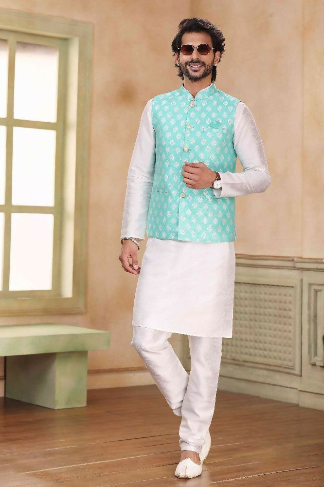 Raivat Ethnic Jacquard Banarasi Silk Woven Work 3 Pics Jacket Set In Sky Blue Colour | Grocsy