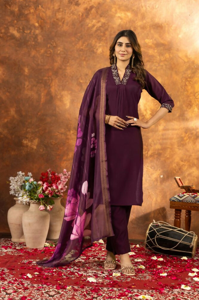 Wine Color V Neck Party Wear Pakistani Salwar Kameez by Infinity Export | Grocsy