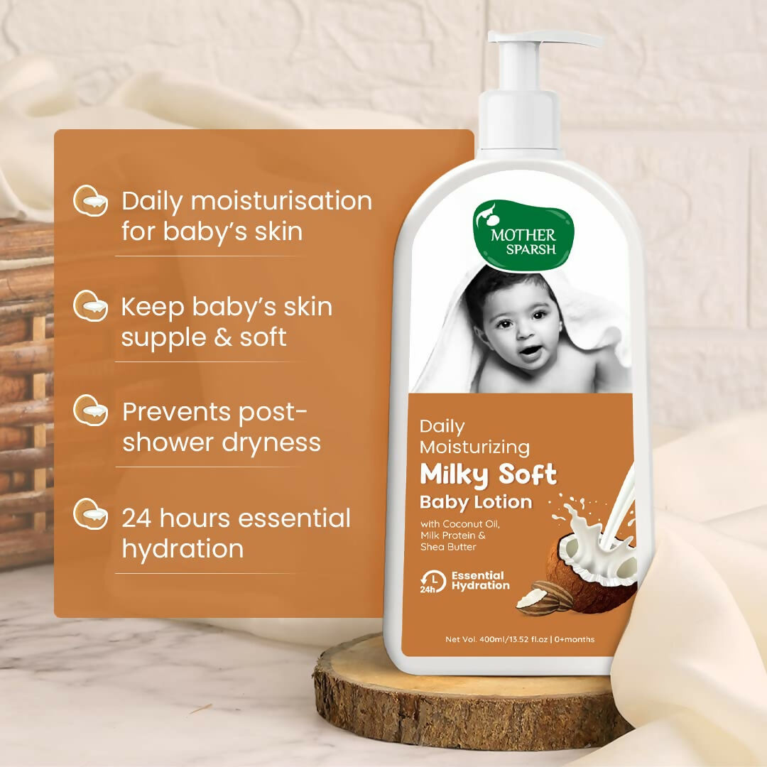 Mother Sparsh Milky Soft Baby Lotion With Milk Protein, Coconut Oil & Shea Butter For 24Hrs Moisturization | Grocsy
