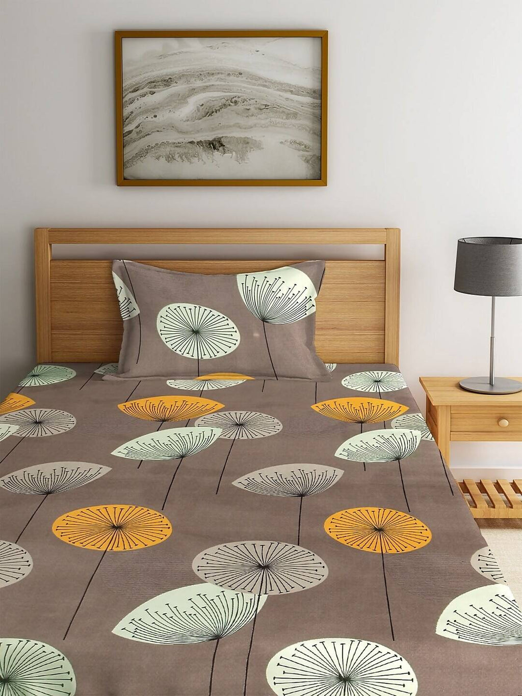 KLOTTHE Brown & Yellow Floral 210 TC Cotton Bedsheet with Pillow Cover | Grocsy