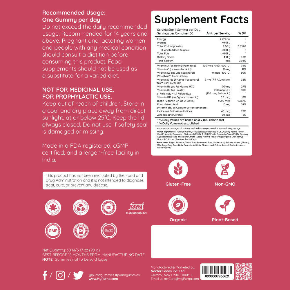 Purna Gummies Hair Biotin Cranberry Sugar Free Gummies with Vitamin B12 for Hair & Nail | Grocsy