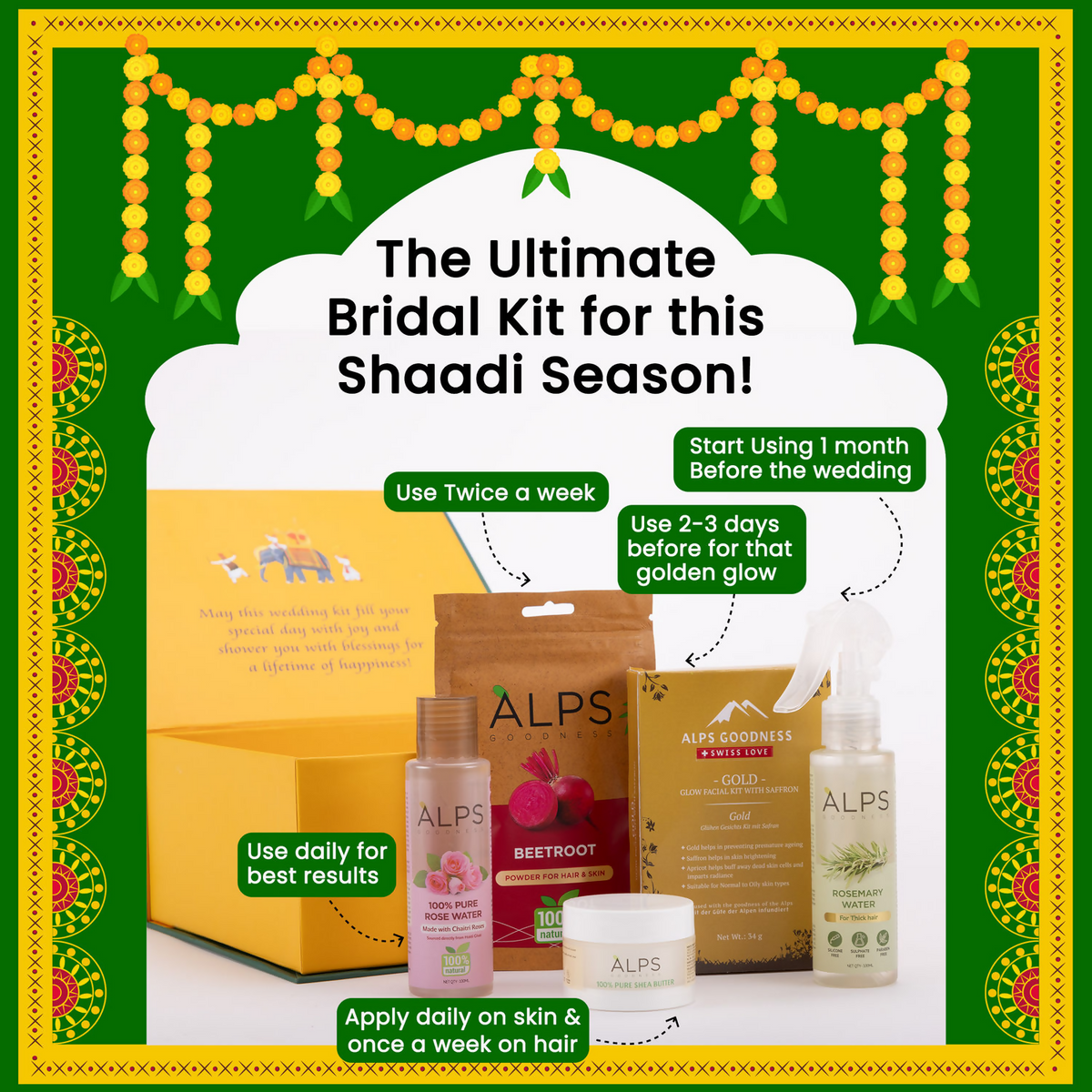 Alps Goodness Bridal Glow Kit (Beetroot Powder, Rose Water, Rosemary Water, Gold Facial Kit & Shea Butter) | Grocsy