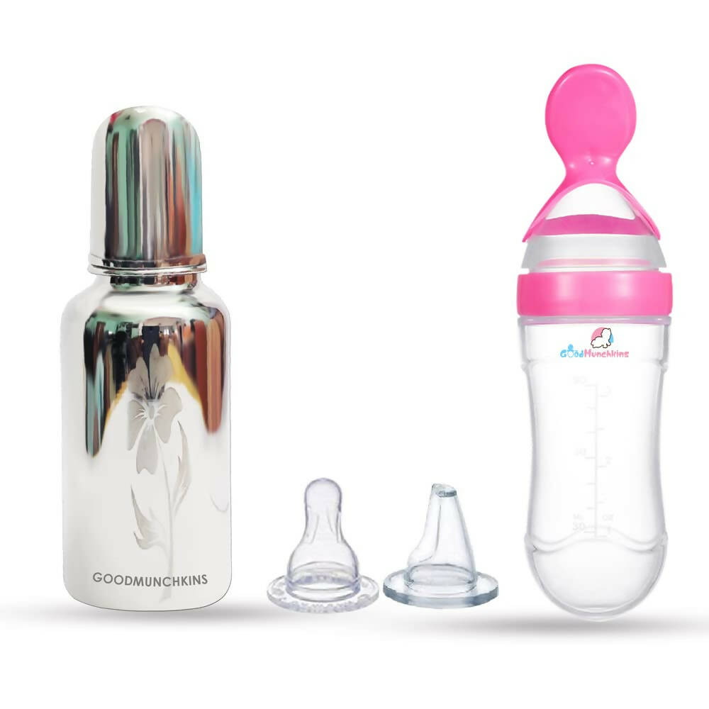 Goodmunchkins Stainless Steel Feeding Bottle & Spoon Food Feeder Anti Colic Silicone Nipple Combo-(Pink,220ml) | Grocsy