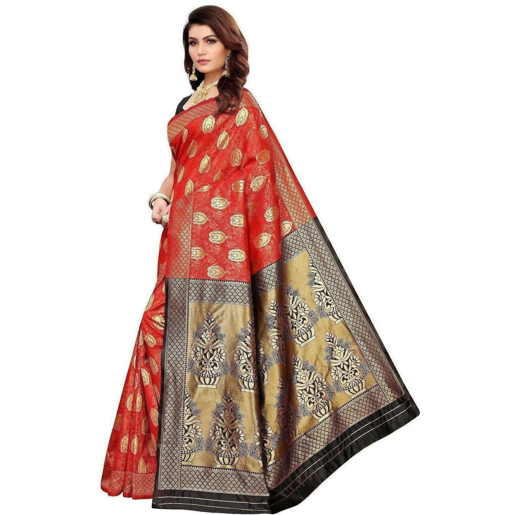 Vamika Banarasi Jaquard Red Weaving Saree (BANARASI 05) | Grocsy