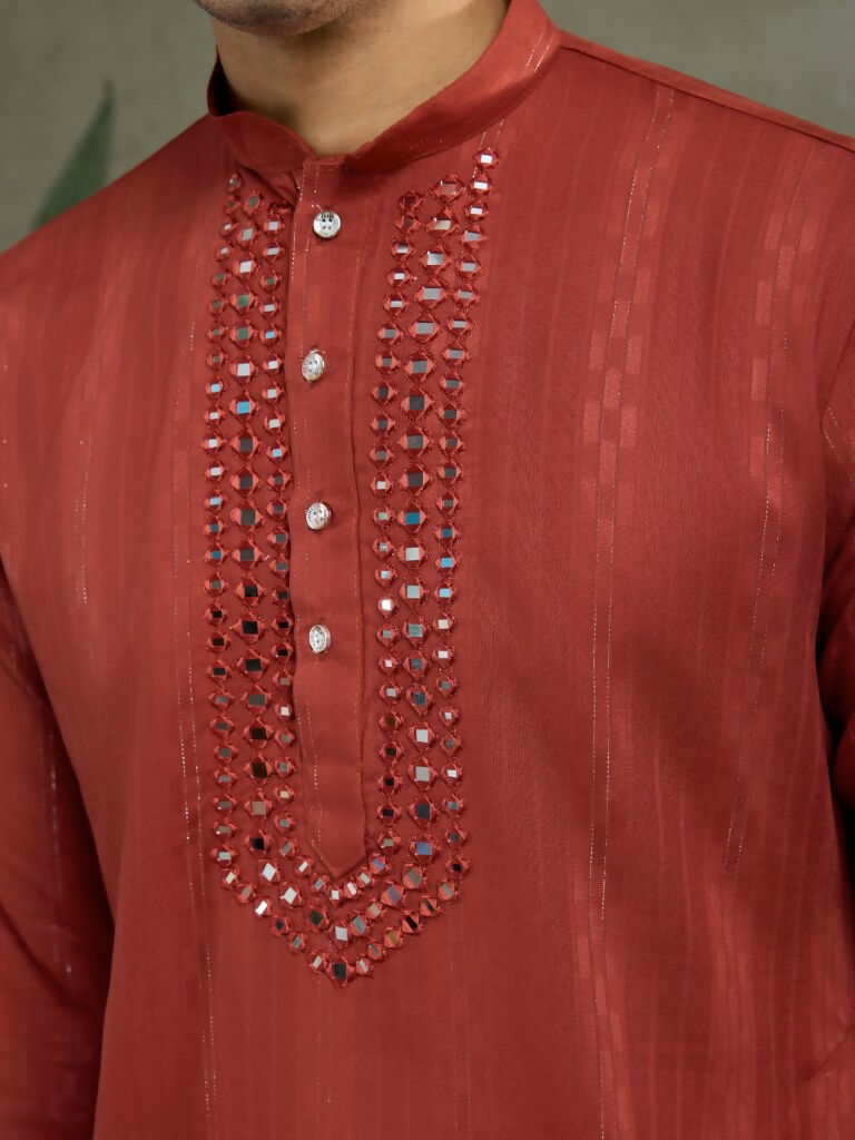 Vastranavya Rust Orange Exclusive Viscose Rayon Festival Wear Real Mirror Work Kurta with Dupatta | Grocsy