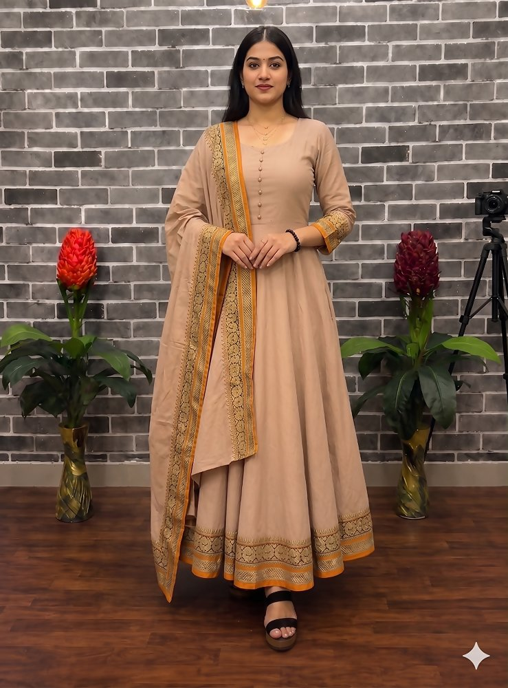Teeya Creation New Trendy Stylish Cream Solid Anarkali Kurta with Traditional Golden Border Dupatta Set | Grocsy