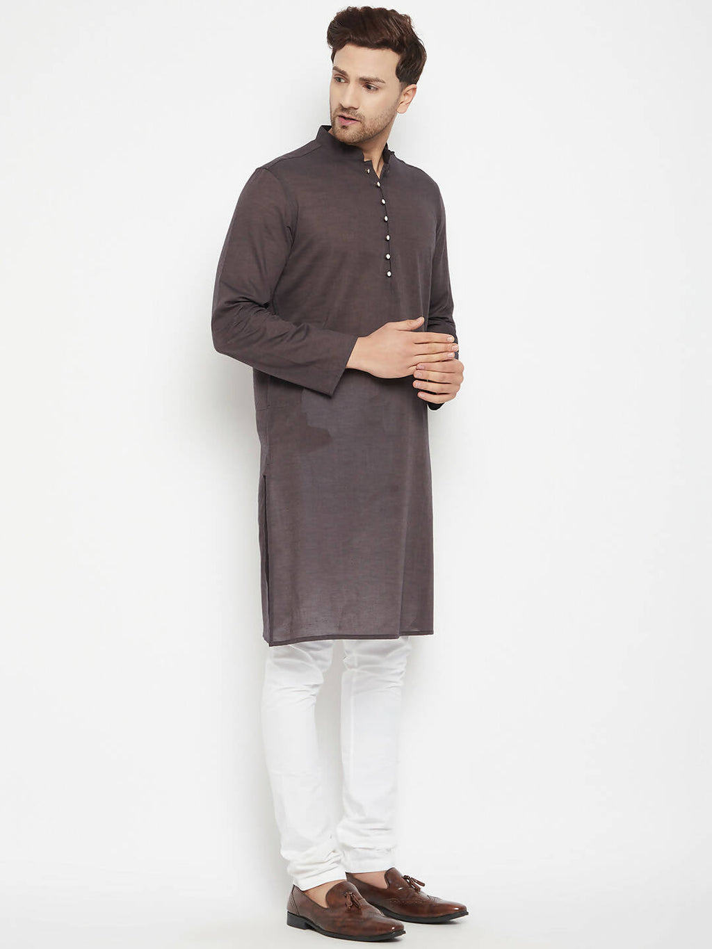 Even Apparels Brown Pure Cotton Long Men's Kurta With Band Collar | Grocsy