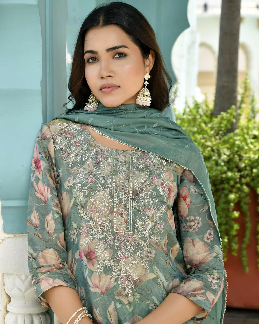 Vaasva Women's Teal Tissue Embroidered Suit Set With Solid Pant And Embroidered Dupatta | Grocsy