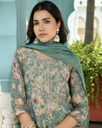Vaasva Women's Teal Tissue Embroidered Suit Set With Solid Pant And Embroidered Dupatta | Grocsy