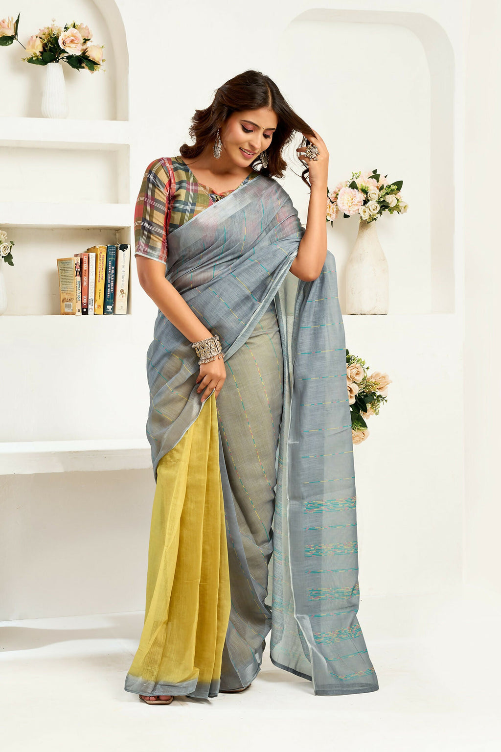 Joban Fashion Grey  Striped Linen Ready To Wear Saree With Unstitched Blouse | Grocsy