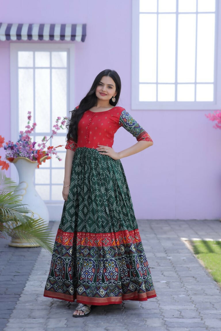 Jyoti Fashion Women's Bottle Green Patola with Foil Print Dola Silk Anarkali Dress | Grocsy