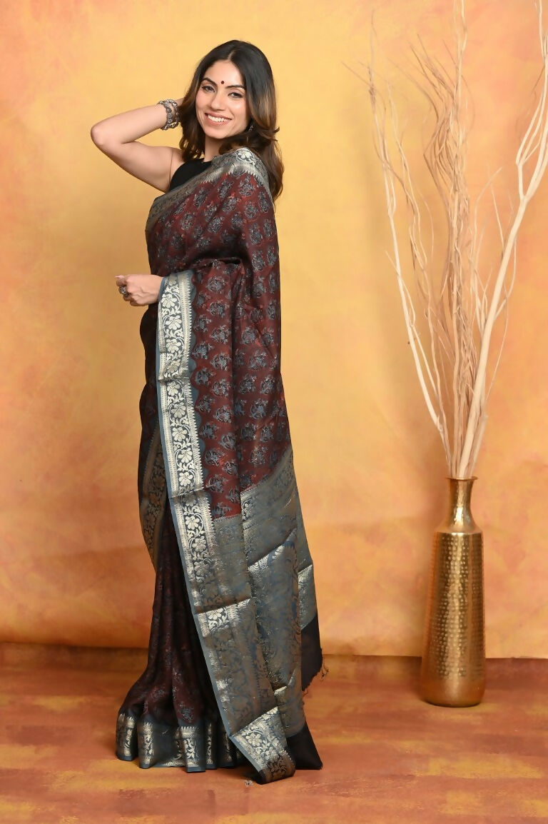 Very Much Indian Modal Silk Ajrakh Handblock Printed Natural Dyes With Designer Border Saree - Dark Maroon | Grocsy