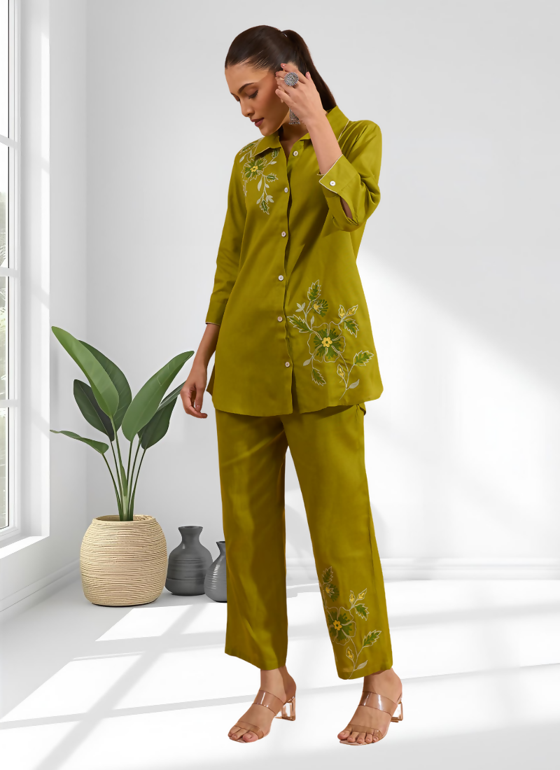 Joban Fashion Green Cotton, Linen Embroidered Readymade Cord Set | Grocsy