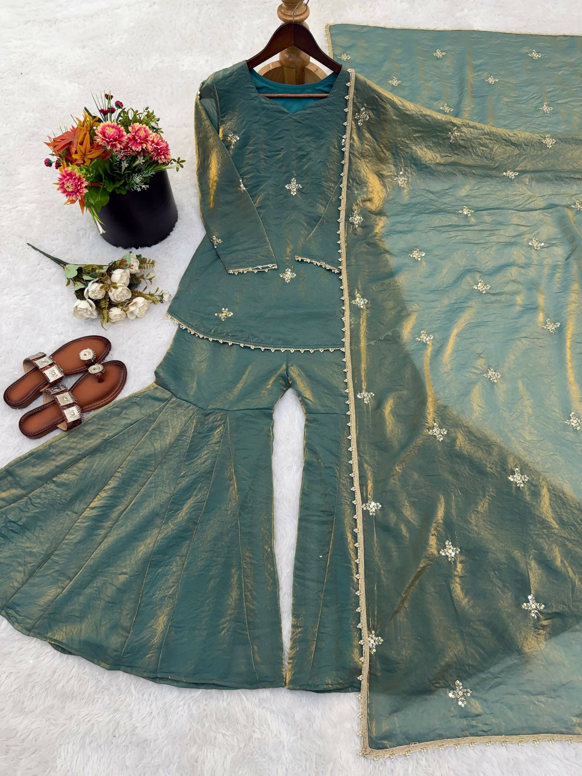 Teeya Creation New Womens Trendy Embroidery Sequence Work Teal Kurta Set | Grocsy